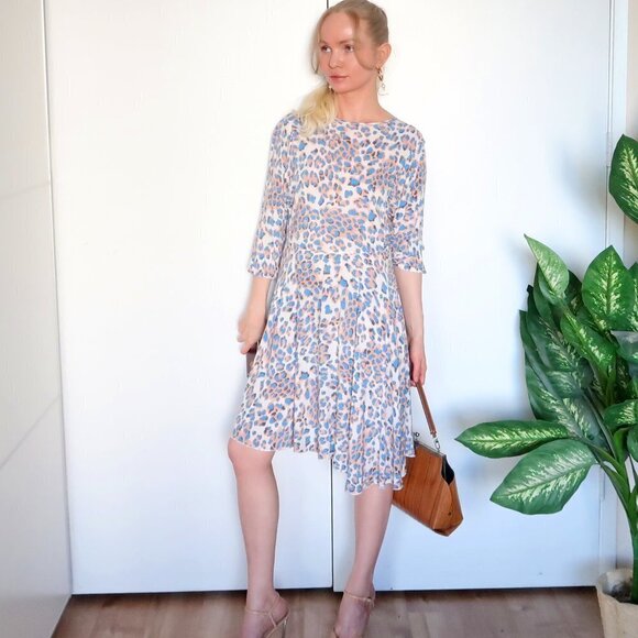 Leopard / Cheetah Print 100 % Asymmetric Knee Length 3/4 Sleeve Cotton Dress S - Picture 1 of 16